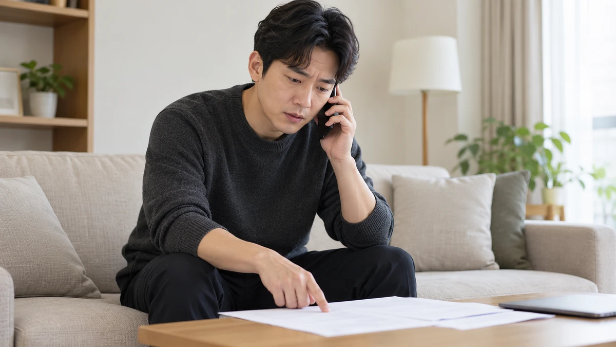 서류에 적힌 기한이익상실 날짜를 확인하며 금융사에 문의하는 채무자