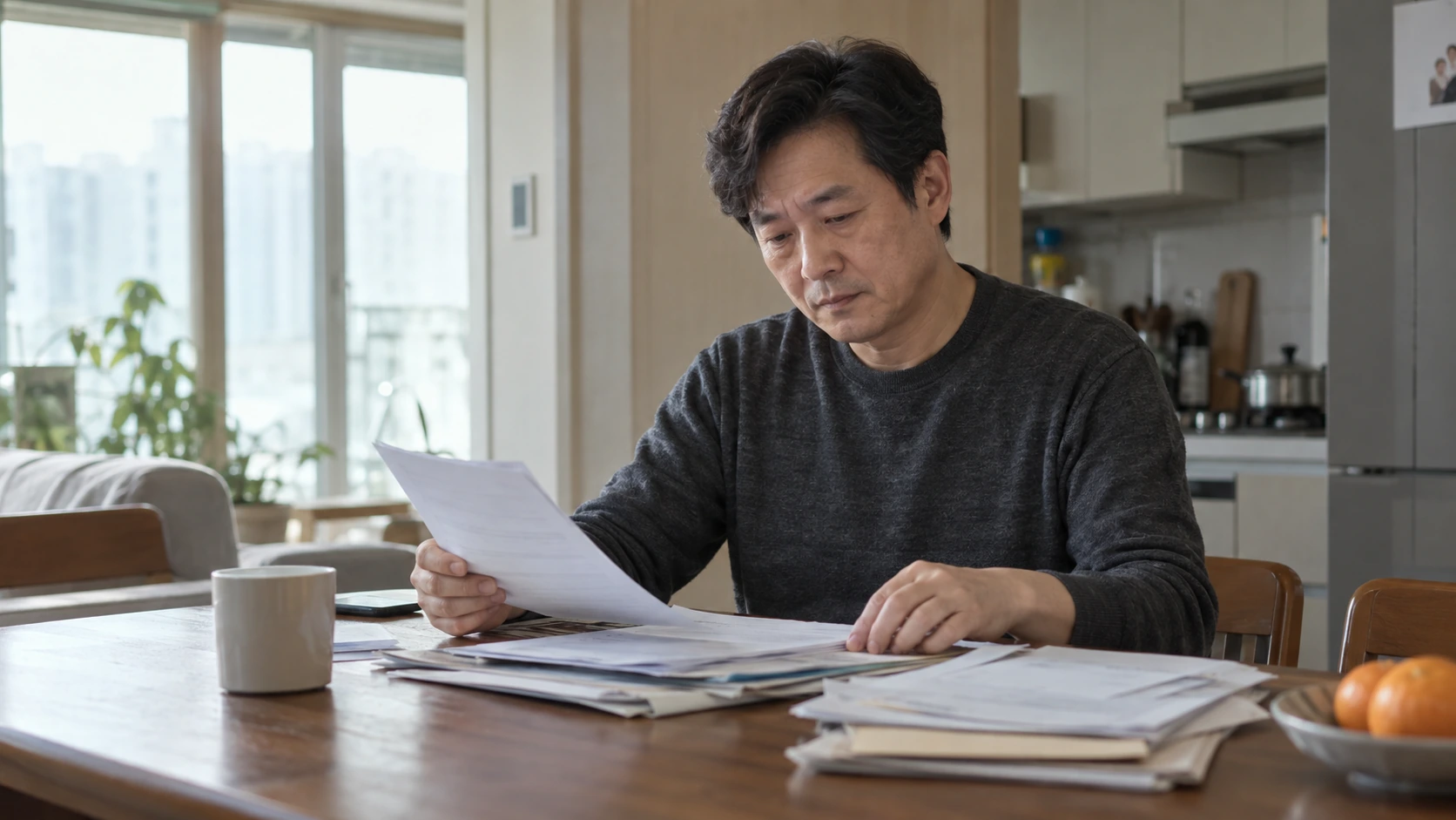 부엌 식탁에서 채무 서류를 정리하는 50대