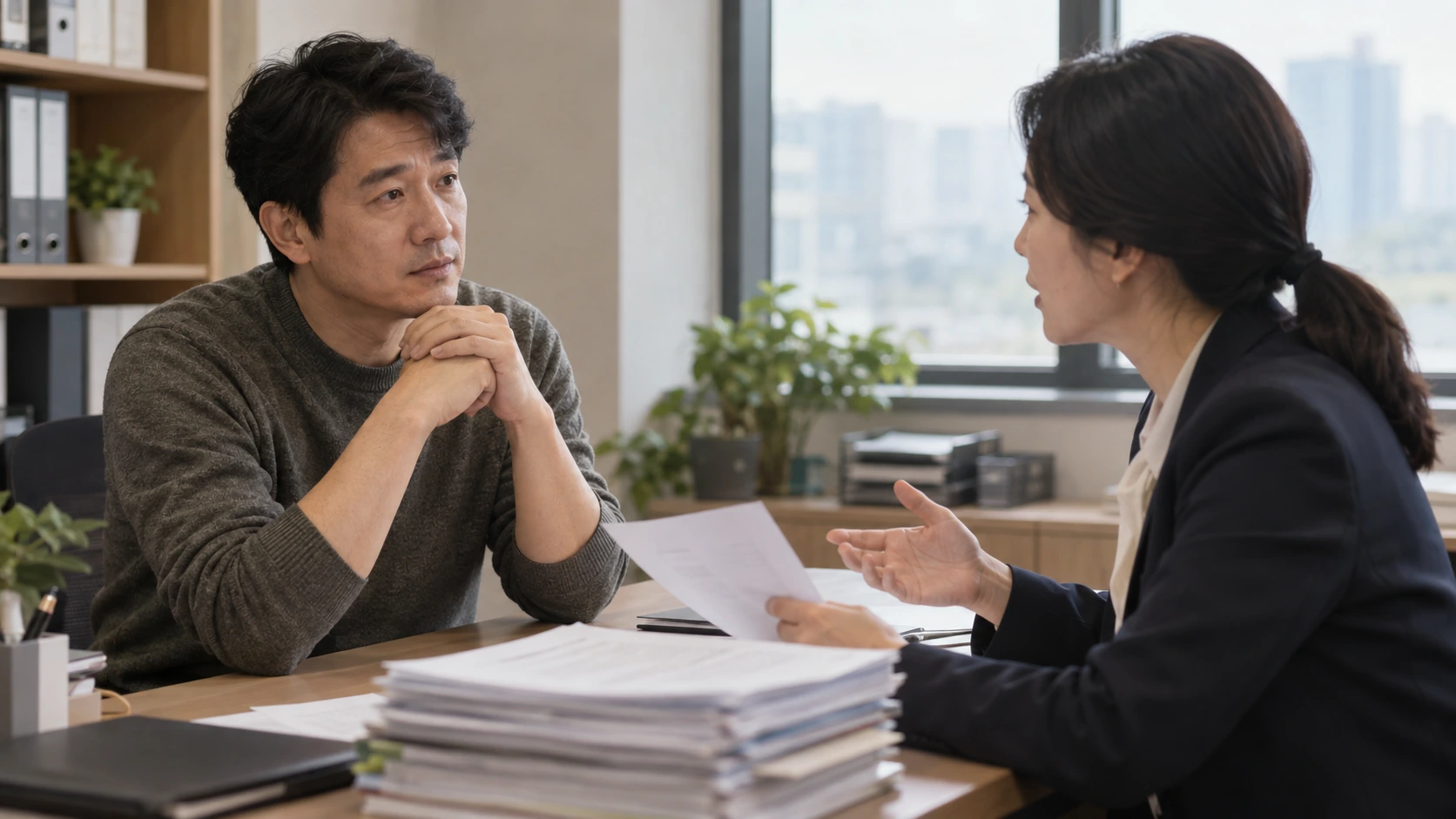 개인파산 절차 상담을 받는 신청인과 책상 위 서류 뭉치