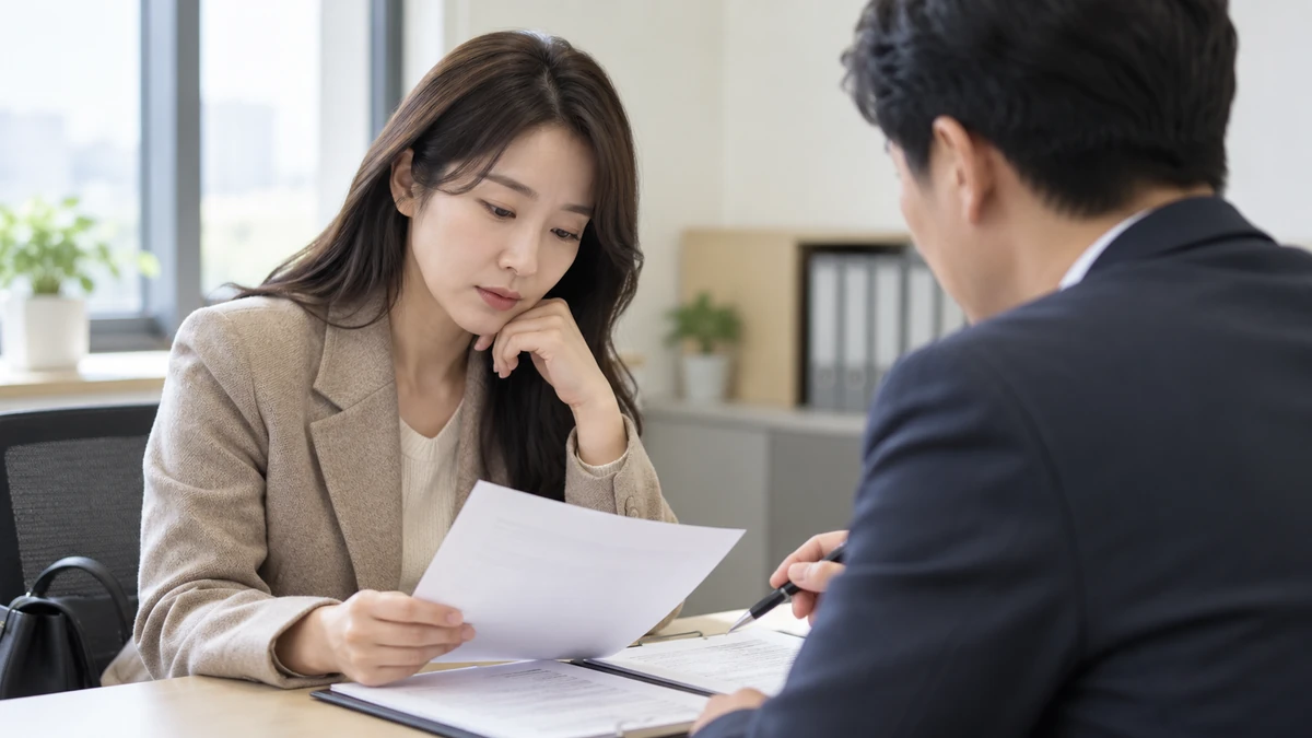 개인회생 변제 중 신규 채무 문제로 회생위원과 변제계획 변경을 상담하는 30대 여성