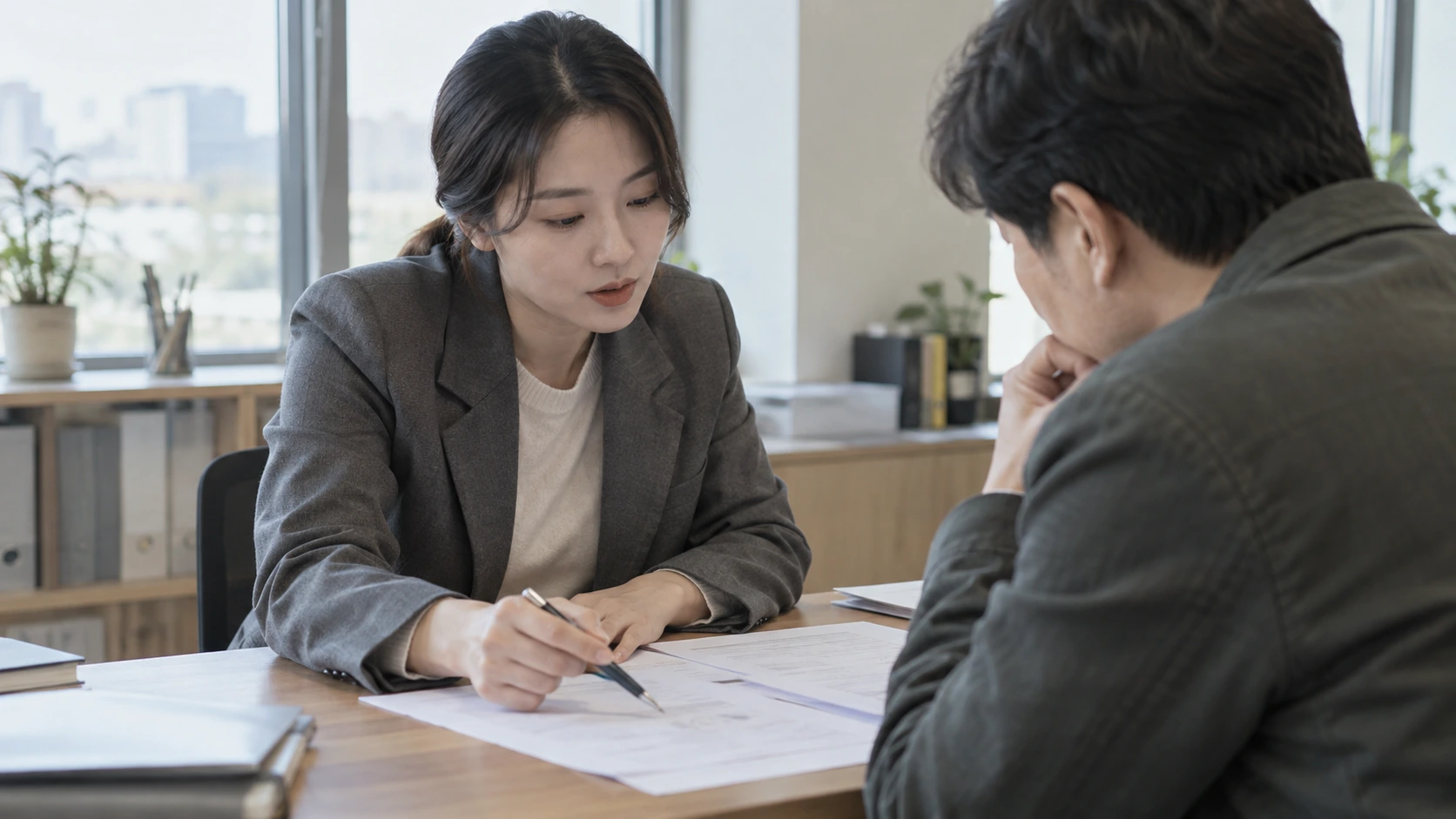 중지명령과 금지명령을 함께 신청할지 상담하는 모습