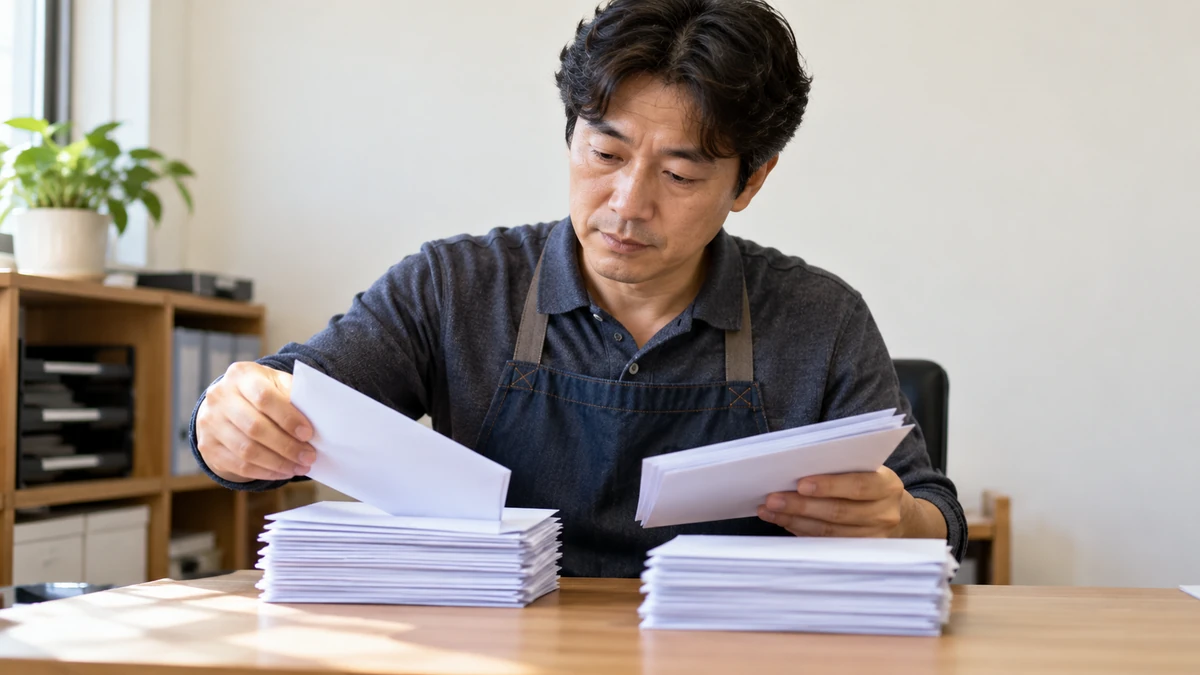 세금체납 고지서와 일반 채무 안내문을 나눠 살피는 자영업자