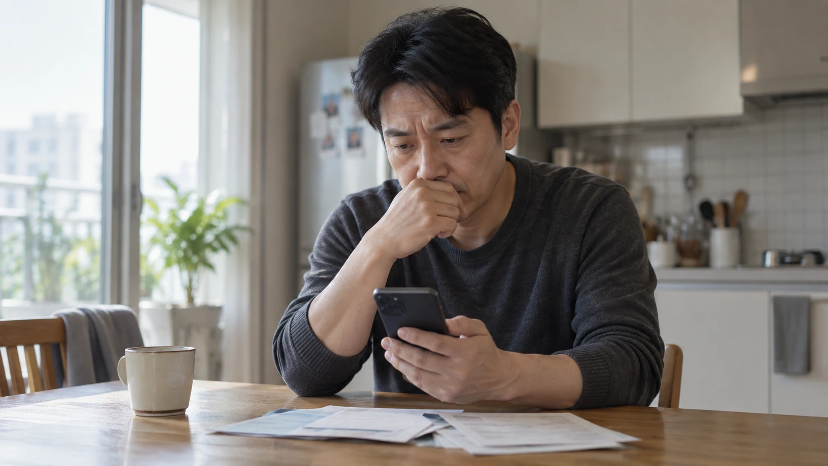 통장압류로 계좌 이체가 막힌 채무자가 은행 앱을 확인하는 모습